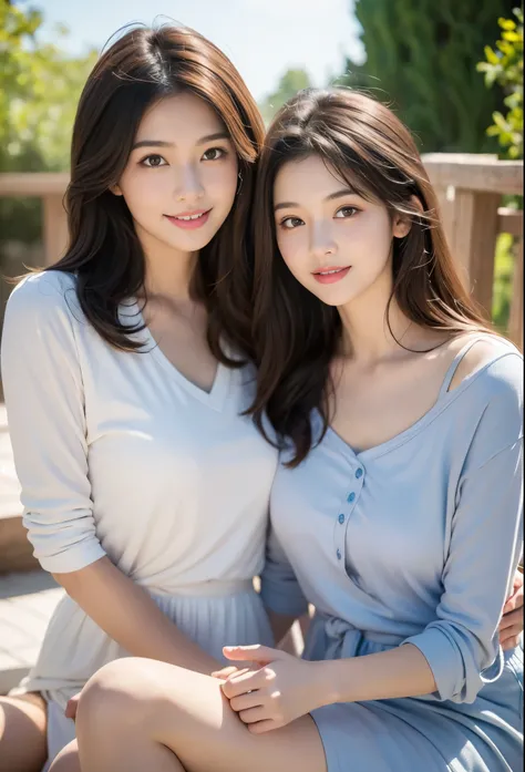 best quality，masterpiece，ultra high resolution，（fidelity：1.4），original photo，Smile，2 girls，25-year-old woman and 8-year-old girl，ladies and little girls, mother and daughter,，charming，