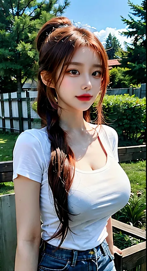 best quality)), ((masterpiece)), (detail), perfect face, full body shot, a 20 year old woman, with long red hair tied in a ponytail, wearing a thin and loose white shirt revealing large breasts, pink nipples  , standing near a wooden fence against a backdr...