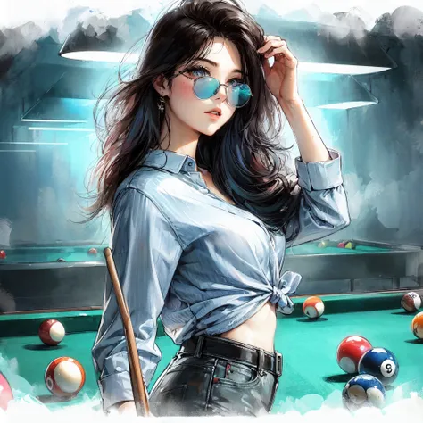 high quality,hd,16k,sharp line,1girl,female billiard athlete ,cute face, large breasts, trained abs, nice legs, sweat,in billiard venue,focus girl,detailed beautiful face,detailed clothes,beautiful eyes,pretty,dynamic angle