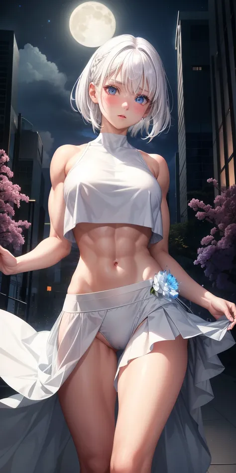 actual, 1 girl, white hair, blue eyes, glowing eyes, crop top, skirt, open lips, blush, Gym, flowers, night, moonlight, abdominal muscles, muscle , biceps