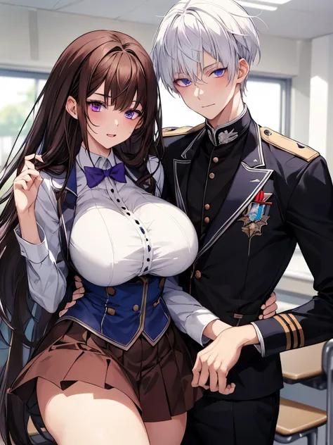 A boy with white hair and blue eyes and a girl with big breasts and thighs and long dark brown hair purple eyes wearing uniform in a modern school, a couple, skirt