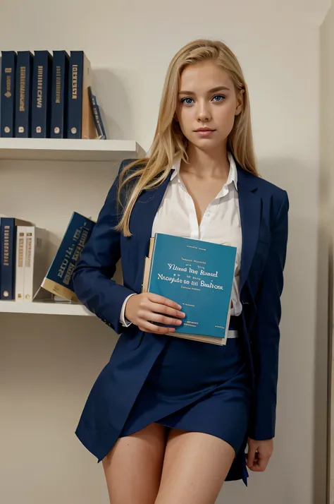 A girl with blue eyes, and blonde hair wearing an office dress and holding a book showing its cover page for promotion in a specific place for book promotion