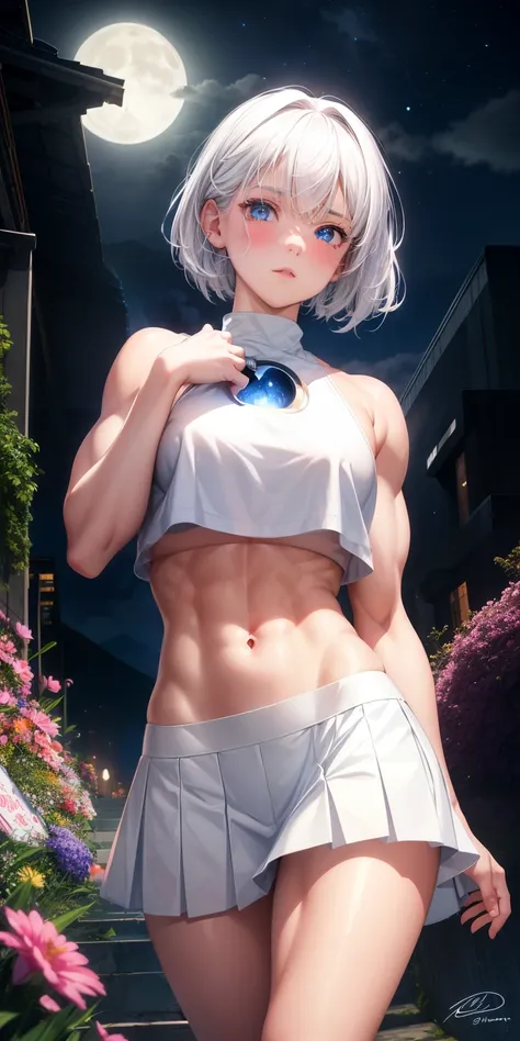 actual, 1 girl, white hair, blue eyes, glowing eyes, crop top, skirt, open lips, blush, Gym, flowers, night, moonlight, abdominal muscles, muscle , biceps