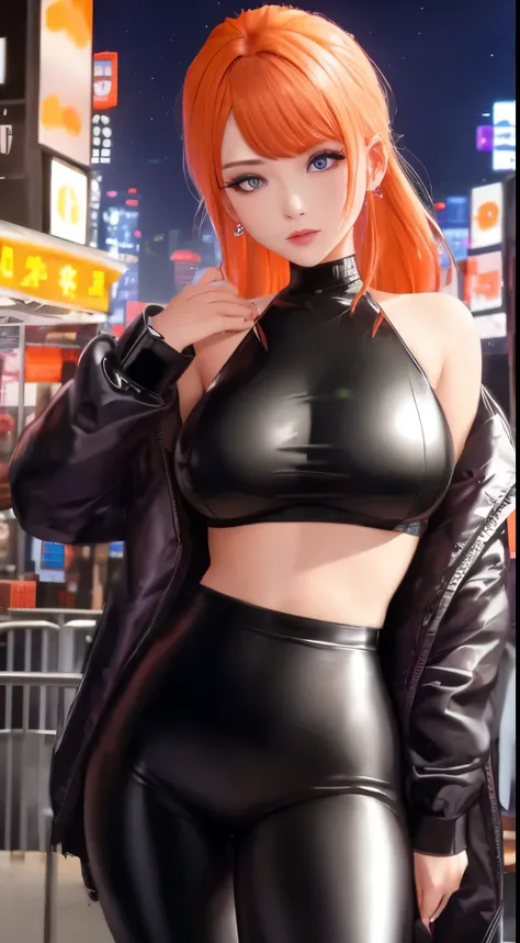 1 girl, (((bimbo))),earrings rings, plump lips, painted lips, thin lips. orange hair, Short ponytails, wide hips, thick thighs, latex tight pants, burst breasts Nightlife, night city, Cyberpunk-city, futuristic cityscape. neon lights, (skyscraper:1.1), tok...