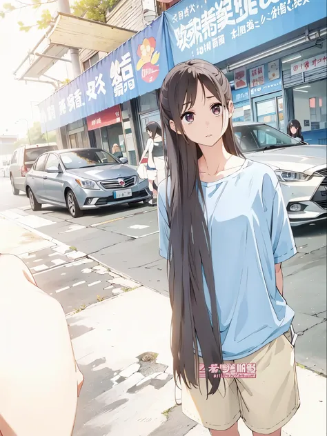 高中生long hair ,stand，blue short sleeves，rice shorts，extra long hair的女孩, hair is particularly long, long hair女孩, long hair, extra ...