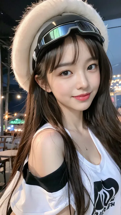 ((top quality, 4k, masterpiece :1.3)), (beautiful body:1.2), very detailed face, detailed eyes, double eyelid, smiling face, long hair, She is one, (open shoulder t-shirt), (Korean ski resort:1.4), (Cute T-shirt:1.4)