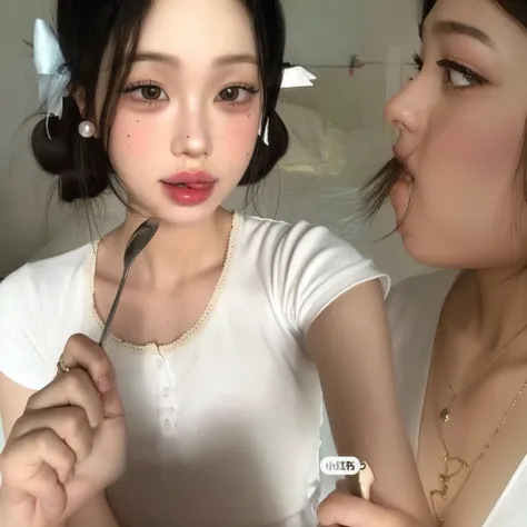 There is a woman holding a spoon and fork in her hand, popular south korean makeup, Popular Korean makeup, Adorable young Korean face, korean girl, ulzzang, beautiful south korean woman, Gorgeous young Korean woman, beautiful young korean woman, Korean fac...