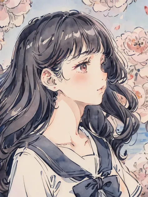 sailor suit、curl hair、long black hair、sailor suit、profile、Lady、flower garden、icon、soft lighting、close up of face、photo studio、hair blowing in the wind、petal、curly hair、watercolor style、Lots of flowers in the background、profile、Red camellia flowers all over...