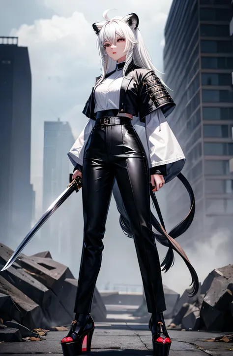 white hair, black clothes, Black pants, lion ears, Samurai sword, Black heels and platform shoes