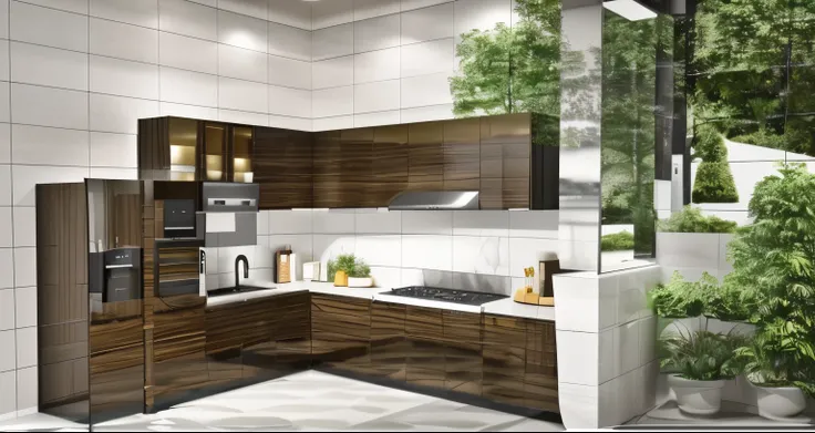 8K , a kitchen with a sink, stove, microwave and refrigerator, white tiles wall, white marble floor, glossiness white upper kitchen cabinets,dark wood grain lower kitchen cabinets, scene render, kitchen, render in vray, very detailed render ambient lightin...