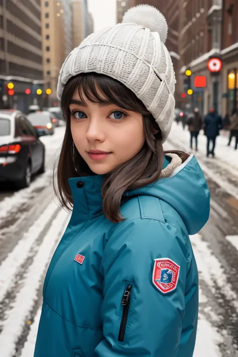 🥶👩‍🦳🌨️✳️❄️, cute girl, winter jacket, hat, city background, blue eyes, pink lips, portait, detailed face, detailed eyes, detaile...