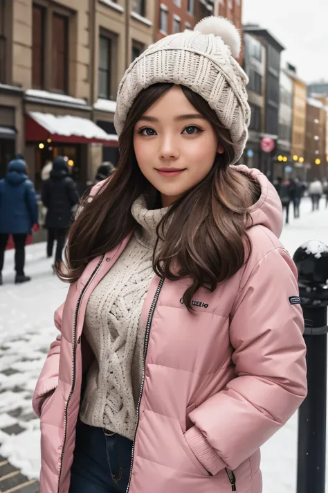 🥶👩‍🦳🌨️✳️❄️, cute girl, winter jacket, hat, city background, blue eyes, pink lips, portait, detailed face, detailed eyes, detaile...