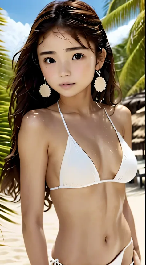 the summer sea、white sand beach、Palm tree、luxury resort facilities、japanese girl、bikini、incredibly small breasts、２４age、brown hair、perfect anatomy、rough skin、fine hair、red earrings、Super detailed、Super detailedな、highest quality、Masseter muscle part:1.3、high...