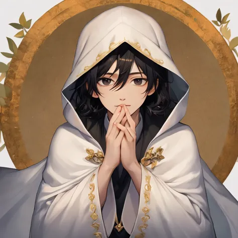 ((best quality)), ((masterpiece)), (detailed), perfect face, white cloak, Black hair, Black eyes, a gloomy face, Handsome, White background, praying hands