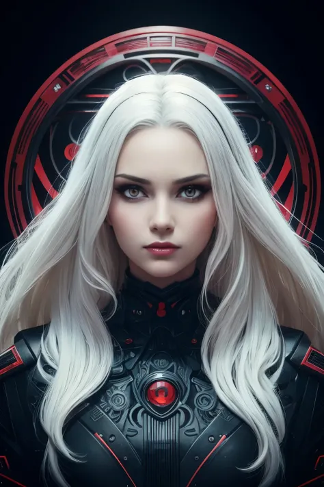 Portrait of a beautiful girl with wavy white hair, wearing a formal black dress with metal parts, red eyes, monograms in the background, digital painting, dark colors, 8k, complex details, vintage, retro futuristic style, sharp focus on the center, pastel ...