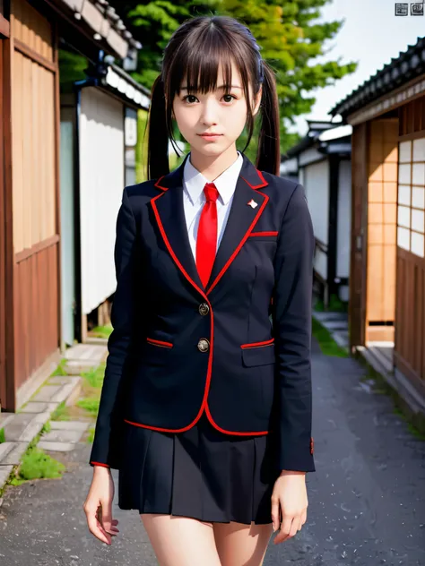 (Wearing a black blazer with a red-trimmed collar、With slender small breasts、Close-up of the face of one girl with bangs between her eyes and long chestnut-colored pigtails wearing a black skirt:1.5)、(the girl has brown eyes、Walking down a country road in ...