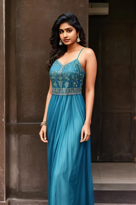 beautiful Indian girl wearing blue Slip Dress, realistic, full body,detailed face expressions,detailed body parts