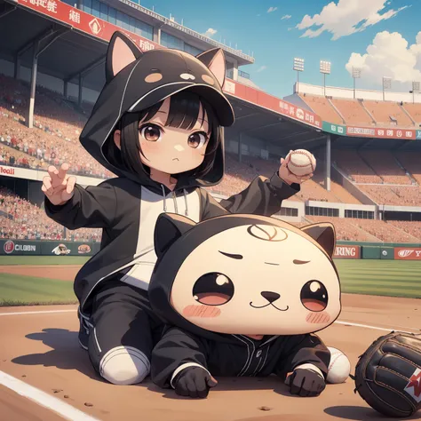 ((chibi:1.5)), (masterpiece), (best quality), high resolution, ultra detail, photorealistic, 8K
BREAK
(black hair, short bob hair, black eyes:1.2),
BREAK
female baseball player, baseball uniform, white shirt, (no ears kigurumi head:1.2), playing baseball, ...