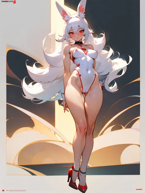 Anime girl with white hair and bunny ears, red eyes, shy blush, wearing a thong, highheels, fullbodyshot, model pose, chocker, cameltoe, big ass, big thighs, toned body, detailed anatomy, anatomically correct, NSFW 