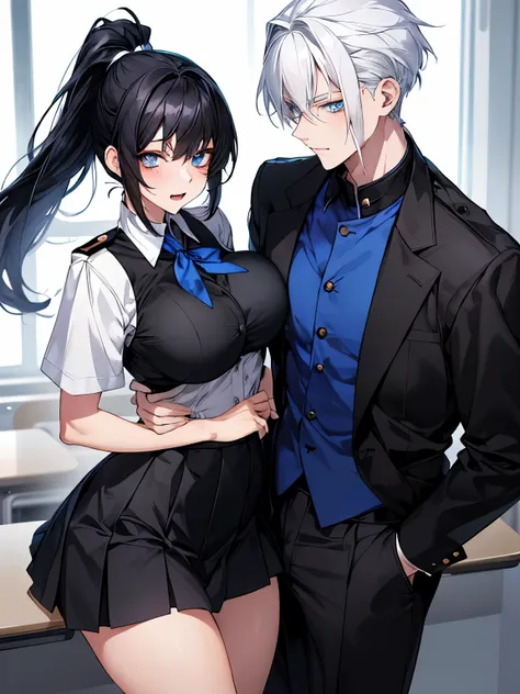 A boy with white hair and blue eyes and a girl with big breasts and thighs and ponytail black hair and eyes wearing uniform in a modern school, skirt, flirting