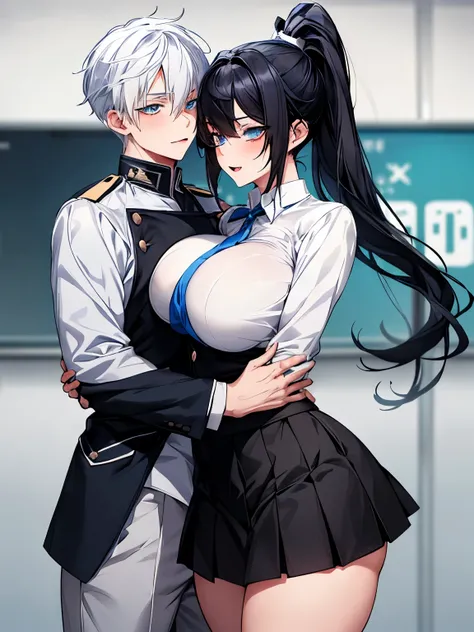 A boy with white hair and blue eyes and a girl with huge breasts and thighs and ponytail black hair and eyes wearing uniform in a modern school, skirt, flirting, nsfw