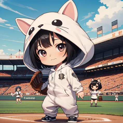 ((Little:1.5)), (masterpiece), (highest quality), High resolution, ultra detail, realistic, A girl who destroys an 8km race, alone, (black hair, short bob hair, black eye:1.2),
BREAK female baseball player, baseball uniform, (no ears kigurumi head:1.3), Pl...