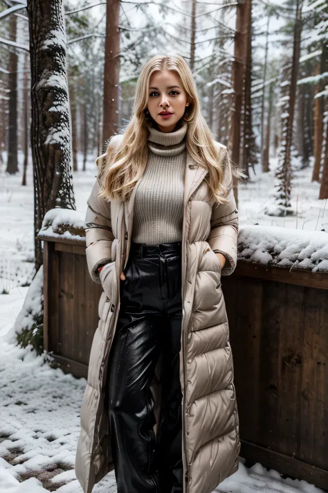 sfw, pretty blonde haired woman, brown eyes, red lips, 23 years old, snowy forest, good lighting, wearing shawl collar oversized maxi black puffer coat, wearing wide straight leg trousers in black, wearing turtleneck in white, realistic, highres, daytime