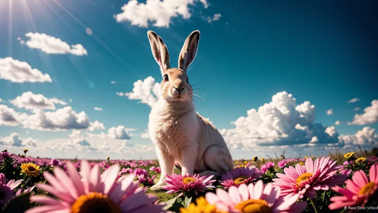 raw photo,beautiful symmetrical purple-lime matte heart on the clouds under the bright sun,Blue hare holding a magic flower,there are a lot of chrysanthemums and the rays of the sun with the Fresnel effect are visible along the edges of the petals, ,and ma...