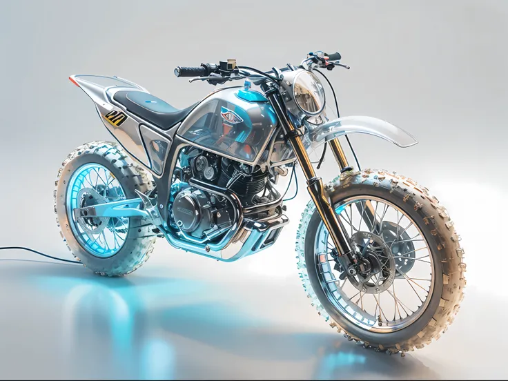 1  transparent dirt bike, Colored Transparent plastic, Cyberpunk, Industrial design, clean, Luminous neon lamp,  White background, Surrealism, UHD, high details, best quality, 4k