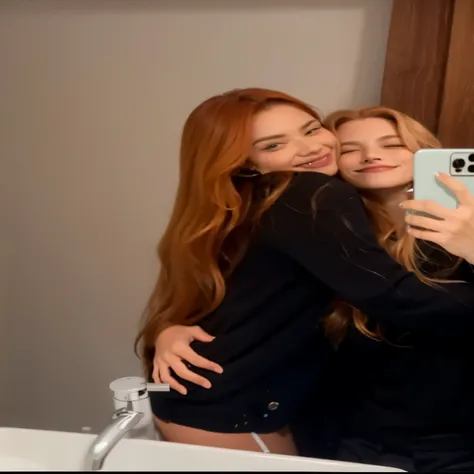 two women taking a selfie in the bathroom mirror with a camera, colegas de quarto, Duas garotas, dois modelos no quadro, bottom angle, one is a redhead, hugging each other, imagem de perfil, they are close to each other, imagem de qualidade muito baixa, ph...