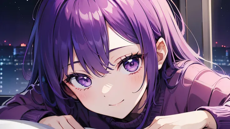 (T Masterpiece，4k wallpaper，best quality))、((girl１people))、(solo)、Brilliant，(purple hair)、(shortcut:1.3)、close up of face、smile、Bedroom、night、sweater