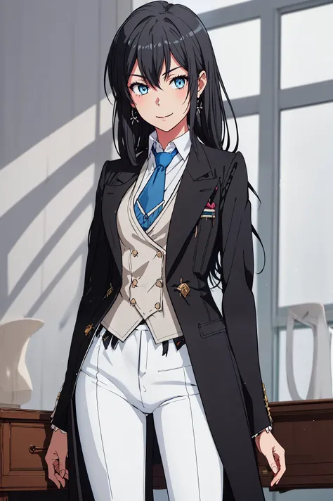 (masterpiece, best quality:1.37), highres, ultra-detailed, ultra-sharp, BREAK,, (((1girl:1.37, solo))), (beautiful anime face, cute face, detailed face), (black hair, thin hair, long hair), detailed beautiful cyan eyes, BREAK, ((detailed tailored tailcoat ...
