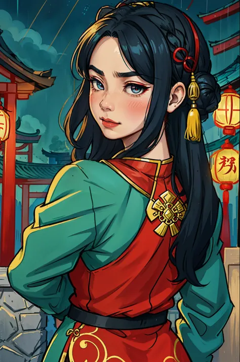 natta，Gorgeous turquoise costumes，Chinese retro style，Scarlet full moon，Ancient Changan Street，Delicate facial features，weeping，rainy evening，beautidful eyes