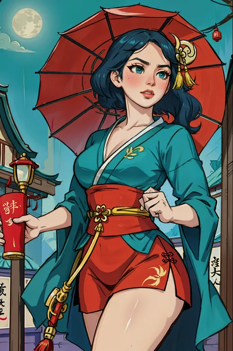 natta，Gorgeous turquoise costumes，Chinese retro style，Scarlet full moon，Ancient Changan Street，Delicate facial features，weeping，rainy evening，beautidful eyes