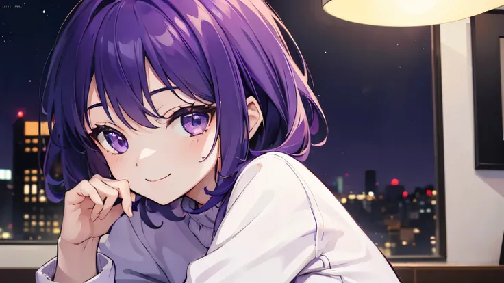 (T Masterpiece，4k wallpaper，best quality))、((girl１people))、(solo)、Brilliant，(purple hair)、(shortcut:1.3)、close up of face、smile、Bedroom、night、sweater