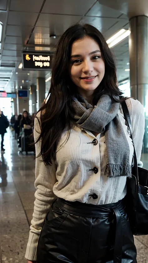 ((best quality)), ((masterpiece)), (detailed), perfect face , long black hair , waist shot , half body , happy , smiling , winter , airport 