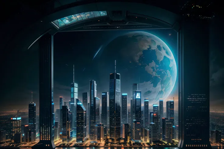 cyberpunked、Futuristic skyline with skyscrapers，超A high resolution，planet earth，ＳＦart by，Glass skyscrapers，Space City，epcot，A world far beyond the imagination of mankind，A building that far exceeds human imagination，Constructs，dream，​masterpiece，