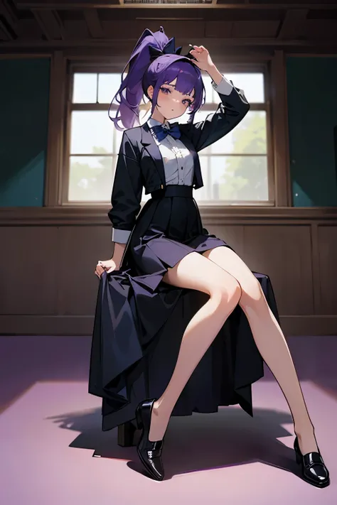 masterpiece，high quality，1 girl，purple hair，medium chest，high ponytail，messy hair，student，dark blue bow tie，long skirt，black clothes，naked leg，black leather shoes，in classroom，Well-behaved，beautiful，Glamorous