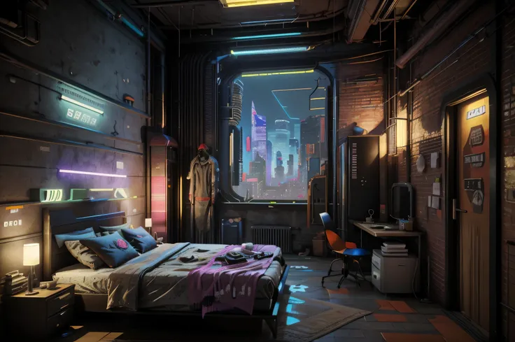 This is a cyberpunk fantasy image. modern bedroom, Generate a cozy bedroom surrounded by a cyberpunk city. The bedroom serves as an oasis in the middle of a cyberpunk city. The bedroom has windows. Through the bedrooms windows the colorful, very detailed, ...