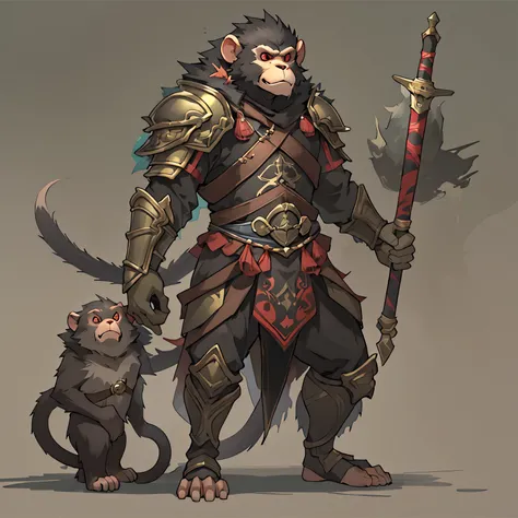 monkey warrior, Armor, stand sideways，Fantasy setting, Character Concept, Character Art, huge blunt weapon