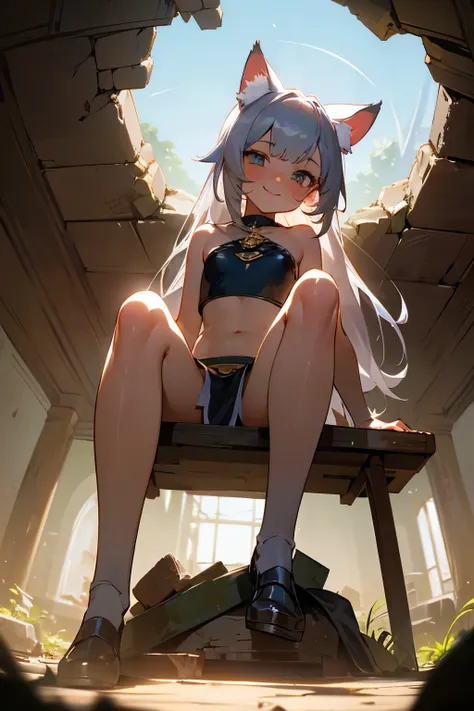 ((Masterpiece)), (best quality), (cinematic lighting), Cute teenage girl, Cute eyes, backlit, side light, small chest, slender body, (fisheye:1.3), from below, (trival long loincloth), (put on cat ears), (ancient ruined overgrown), ((Sitting on one knee on...