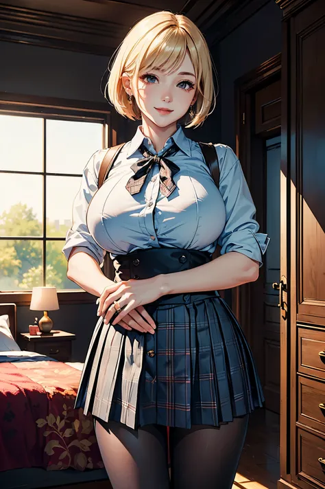 (two women:1.2)、(masterpiece:1.4)、(highest quality:1.4)、ultra high resolution、anime style、beautiful features、blonde short bob、black short bob、earrings、Gray collared shirt、Plaid pleated skirt、black tights、(huge breasts:1.1)、red face、smile、Hugging、luxury roo...