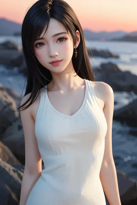 (Top Quality, Masterpiece: 1.1), (Realistic: 1.3), BREAK (((FF7,Tifa_lockhart))),Ultra-detailed face, Detailed eyes,(black Brown Hair, Large breasts: 1.2),(Imaginative Macanese Female Page,background is Unique The Tablets of Stone,at Sunrise),  BREAK (wear...