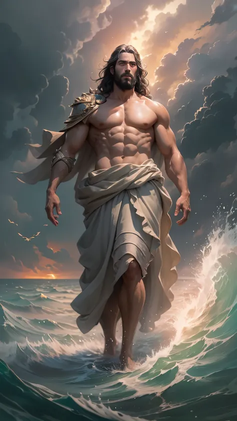 jesus christ standing on the ocean, epic clouds and godlike lighting, concept art of god, by Ludwik Konarzewski Jr, the god of the sea, epic biblical depiction, by Ludwik Konarzewski, god lighting, powerful god, by Aleksander Gierymski, the god poseidon