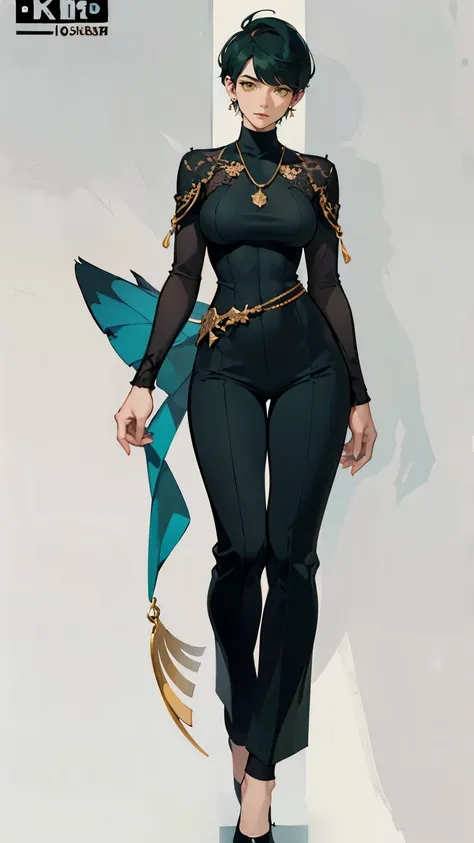 ((masterpiece,best quality,8k,highres)),((character concept art)), 1 female, young adult female, Cult Priest, 170 cm height, extreme short pixie cut hairstyle ((tomboy hairstyle)), (dark green hair colour), ultra finely detailed eyes (yellow eyes colour), ...