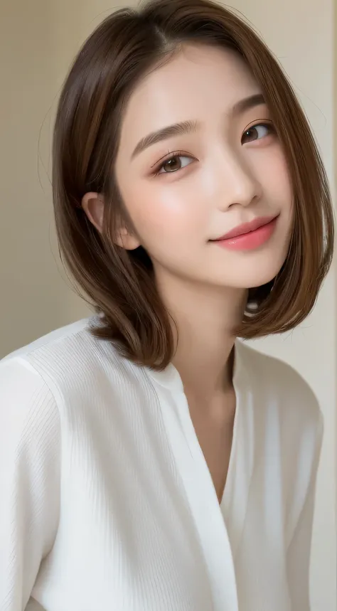 ((best quality, 8ก, Masterpiece: 1.3)), 1 girl, Beautiful shape, Slim stomach.: 1.3, (casual hairstyle, big breasts: 1.2), set: 1.1, The face is very smooth., delicate eyes, Double eyelids, smile, house, ใส่setเสื้อสีขาว, Light makeup