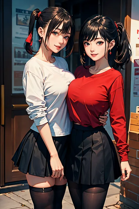 (two women:1.2)、(masterpiece:1.4)、(highest quality:1.4)、ultra high resolution、black short bob、black hair twintails、earrings、long sleeve t-shirt、Tight Skirt、black tights、(huge breasts:1.1)、red face、smile、Hugging、University