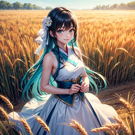 masterpiece, best quality, ultra high definition, detailed illustration, portrait, detailed, 1 girl standing in a wheat field, alone, long hair, skirt, flower, white hanfu, Smile, whole body, white flower, bare shoulders, very long hair, aqua hair, Keep yo...