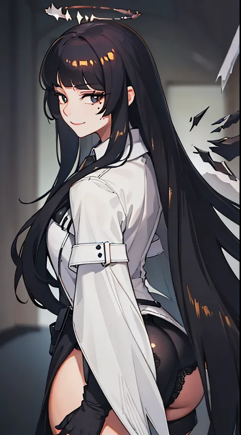 best quality, masterpiece, highres, solo, {virtuosa_arknights:1.15}, long_hair, bangs, black_hair, halo, smile, closed_mouth, ascot, very_long_hair, wings, black_eyes, blunt_bangs, 1girl, collared_shirt, shirt, looking_at_viewer, mole, mole_under_eye, simp...