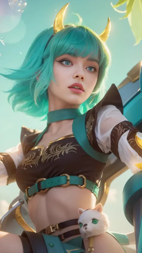 8k, very detailed, close up of a woman with green hair, green eyes